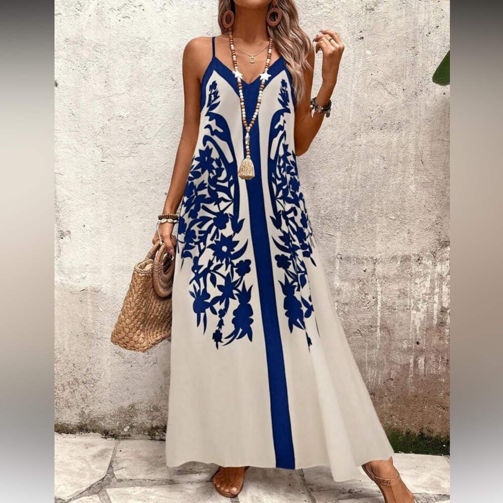 Blue and White Floral Print Maxi Dress - Picture 5 of 7